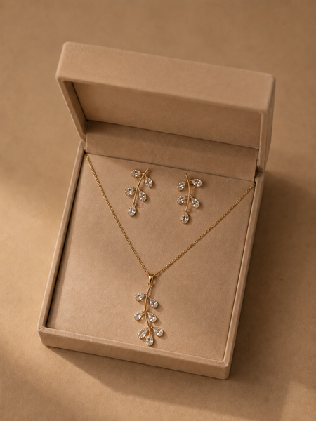 Gold Plated Leaf Crystal Pendant Necklace & Earrings Set for Women
