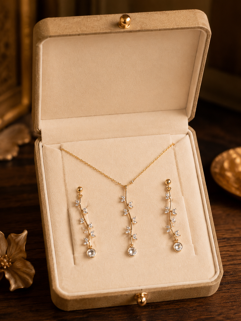 Gold Plated Crystal Vine Pendant Necklace & Drop Earrings Set for Women