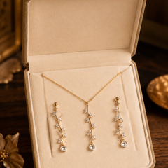 Gold Plated Crystal Vine Pendant Necklace & Drop Earrings Set for Women