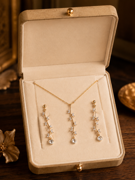 Gold Plated Crystal Vine Pendant Necklace & Drop Earrings Set for Women