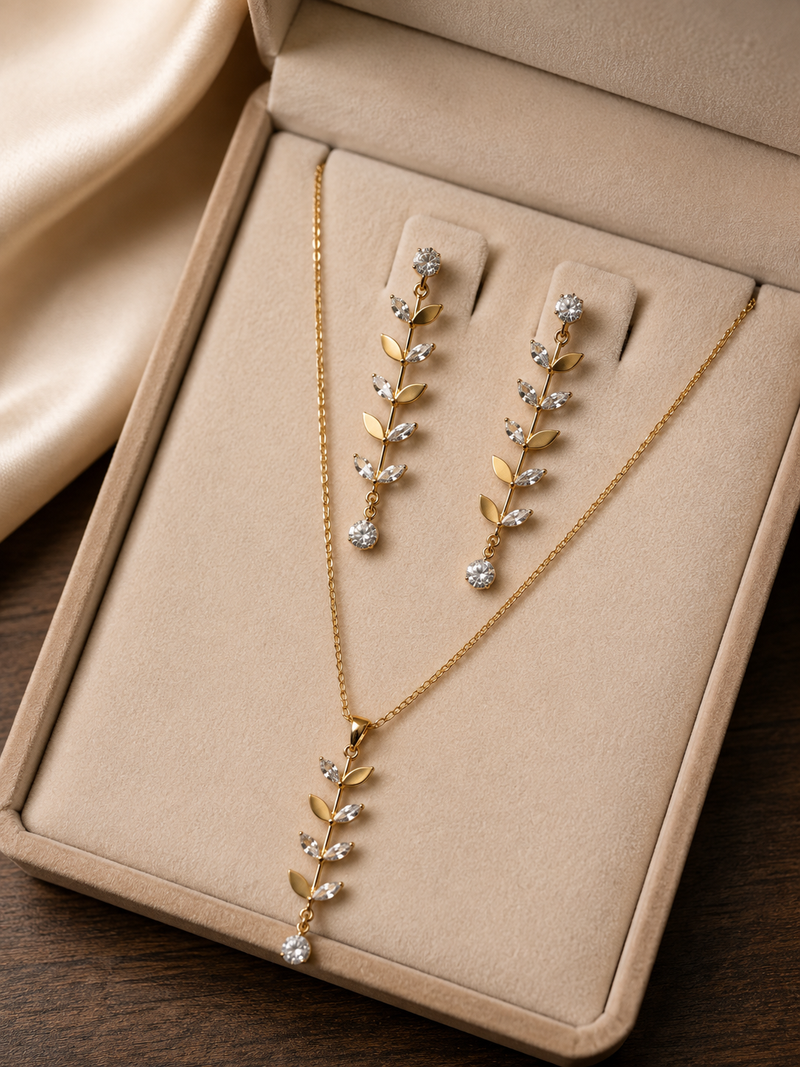 Gold Plated Crystal Leaf Pendant Necklace & Drop Earrings Set for Women