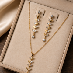 Gold Plated Crystal Leaf Pendant Necklace & Drop Earrings Set for Women
