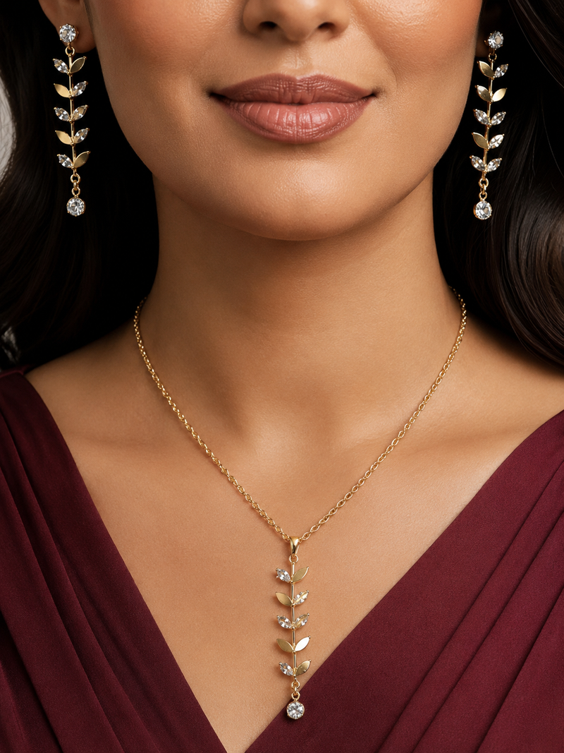 Gold Plated Crystal Leaf Pendant Necklace & Drop Earrings Set for Women