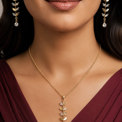 Gold Plated Crystal Leaf Pendant Necklace & Drop Earrings Set for Women