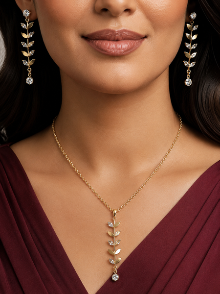 Gold Plated Crystal Leaf Pendant Necklace & Drop Earrings Set for Women
