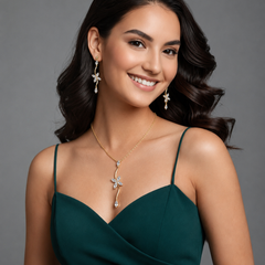 Gold Plated Floral Crystal Pendant Necklace & Drop Earrings Set for Women