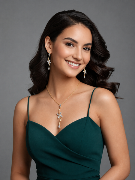 Gold Plated Floral Crystal Pendant Necklace & Drop Earrings Set for Women