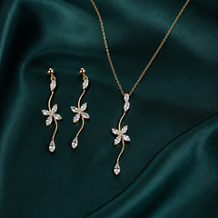 Gold Plated Floral Crystal Pendant Necklace & Drop Earrings Set for Women