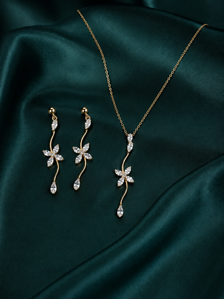 Gold Plated Floral Crystal Pendant Necklace & Drop Earrings Set for Women
