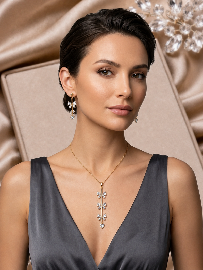 Gold Plated Crystal Bow & Heart Pendant Necklace with Matching Drop Earrings Set for Women