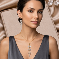 Gold Plated Crystal Bow & Heart Pendant Necklace with Matching Drop Earrings Set for Women