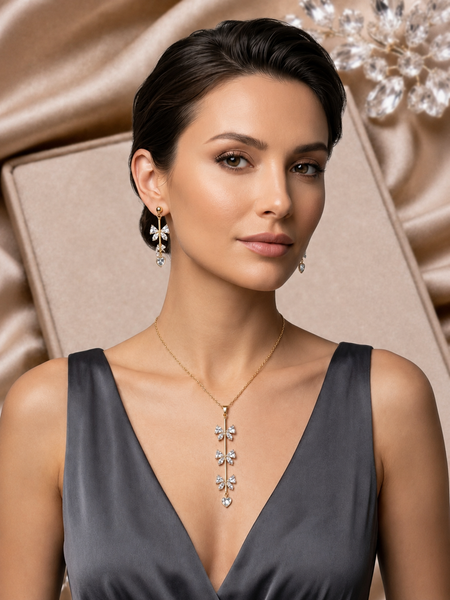 Gold Plated Crystal Bow & Heart Pendant Necklace with Matching Drop Earrings Set for Women