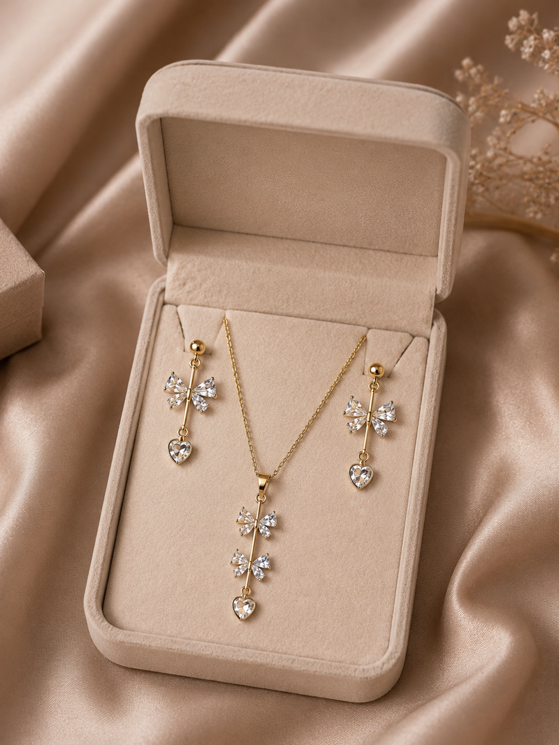 Gold Plated Crystal Bow & Heart Pendant Necklace with Matching Drop Earrings Set for Women