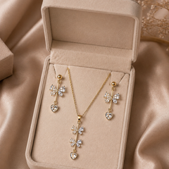 Gold Plated Crystal Bow & Heart Pendant Necklace with Matching Drop Earrings Set for Women