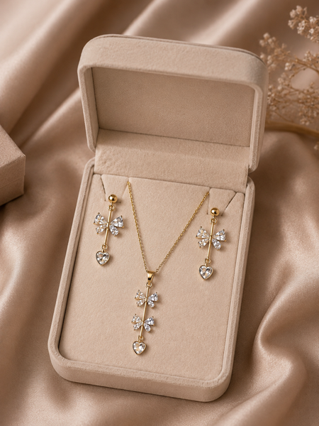 Gold Plated Crystal Bow & Heart Pendant Necklace with Matching Drop Earrings Set for Women