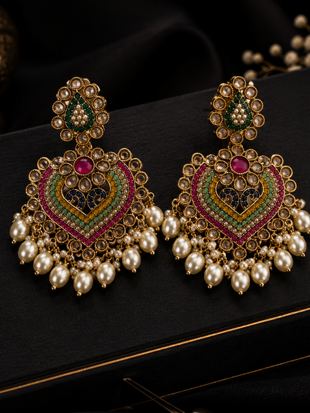 Royal Heritage Multicolor Kundan Pearl Earrings with Maang Tikka Set