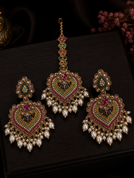 Royal Heritage Multicolor Kundan Pearl Earrings with Maang Tikka Set
