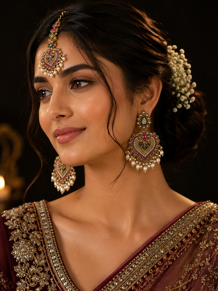 Royal Heritage Multicolor Kundan Pearl Earrings with Maang Tikka Set