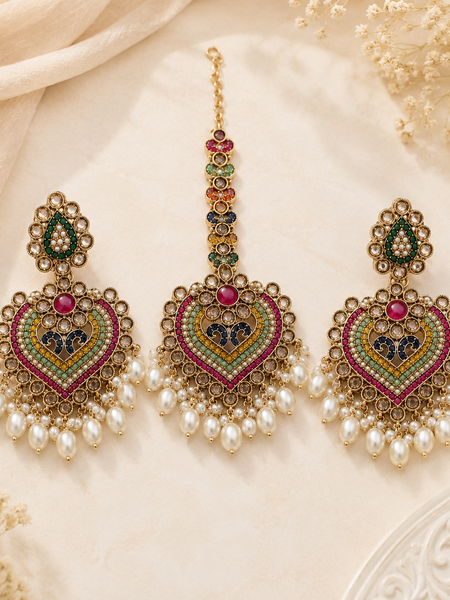 Royal Heritage Multicolor Kundan Pearl Earrings with Maang Tikka Set
