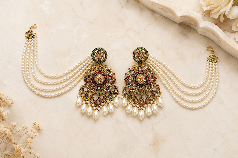 Regal Multicolour Pearl Earrings with tikka | Earrings for Women