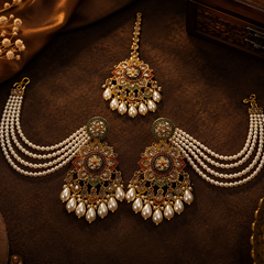 Regal Multicolour Pearl Earrings with tikka | Earrings for Women
