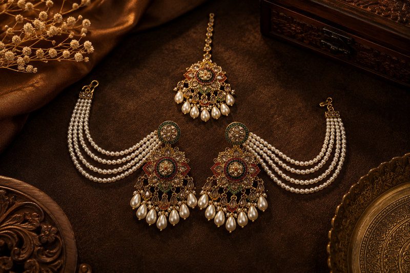 Regal Multicolour Pearl Earrings with tikka | Earrings for Women