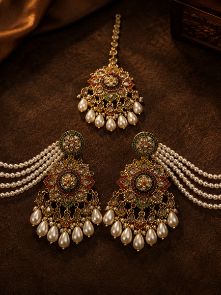 Regal Multicolour Pearl Earrings with tikka | Earrings for Women