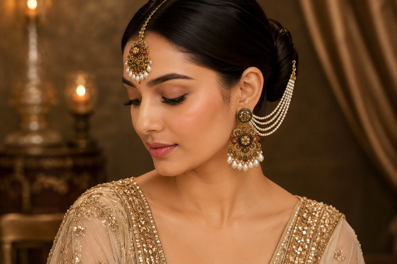 Regal Multicolour Pearl Earrings with tikka | Earrings for Women