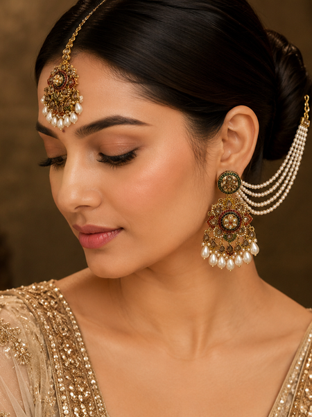 Regal Multicolour Pearl Earrings with tikka | Earrings for Women