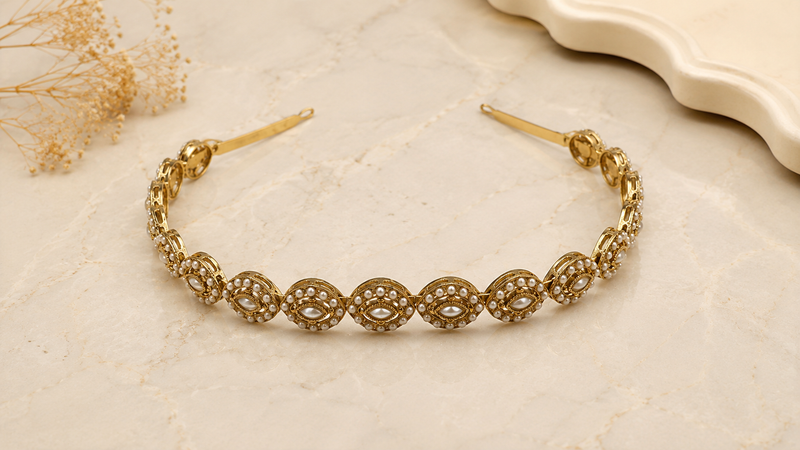 Rajasthani Pearl Kundan Headband | Hair Accessory for Women