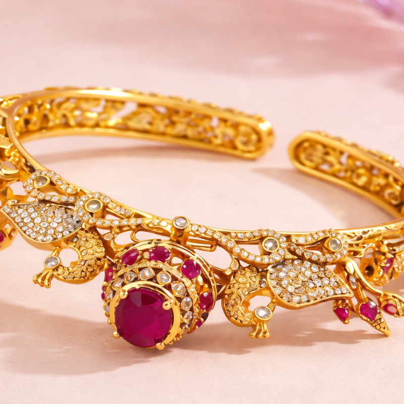 Regal Peacock Kada in Finish with Ruby Red