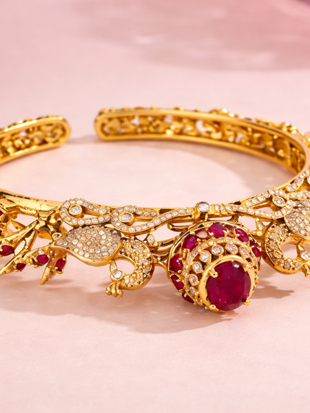 Regal Peacock Kada in Finish with Ruby Red
