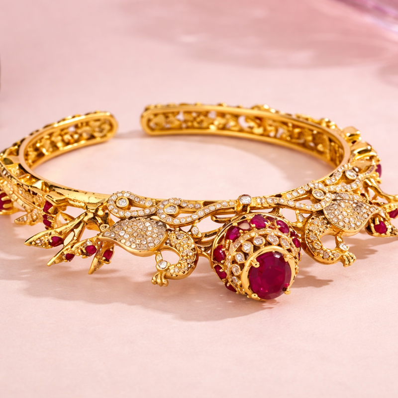 Regal Peacock Kada in Finish with Ruby Red