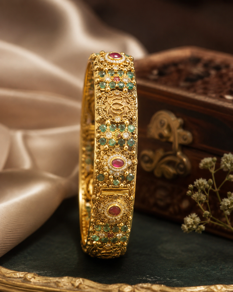 Filigree Kada Bracelet with Emerald & Ruby Stone Work for Women