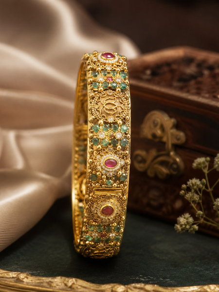 Filigree Kada Bracelet with Emerald & Ruby Stone Work for Women
