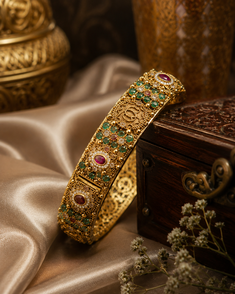 Filigree Kada Bracelet with Emerald & Ruby Stone Work for Women