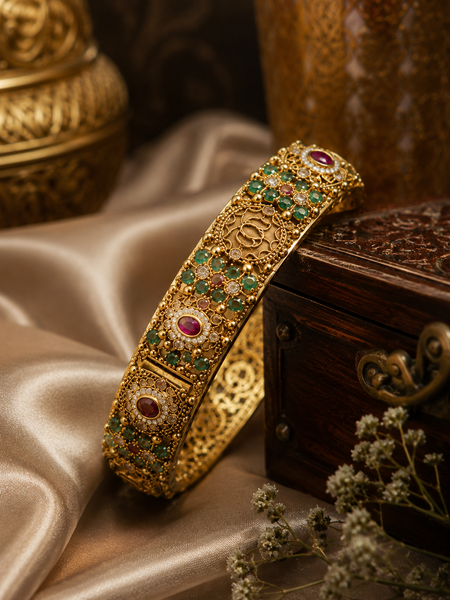 Filigree Kada Bracelet with Emerald & Ruby Stone Work for Women