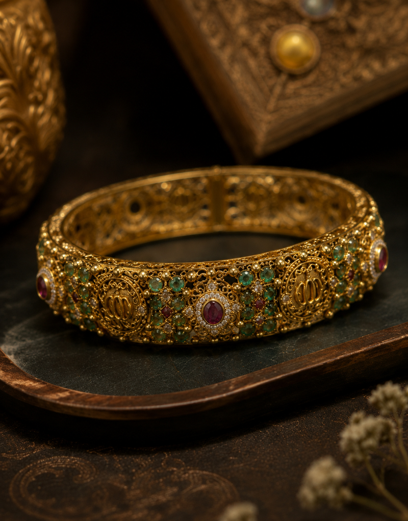 Filigree Kada Bracelet with Emerald & Ruby Stone Work for Women