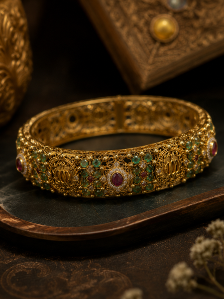 Filigree Kada Bracelet with Emerald & Ruby Stone Work for Women