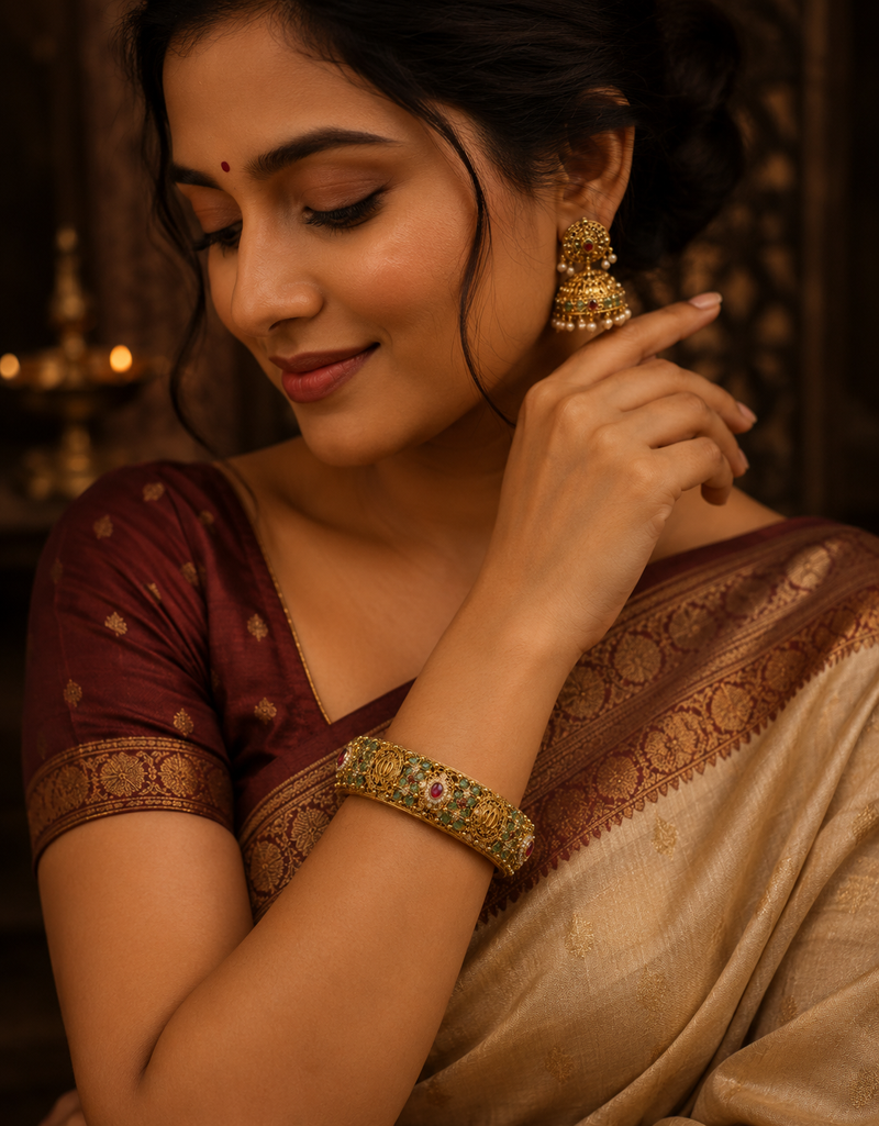 Filigree Kada Bracelet with Emerald & Ruby Stone Work for Women
