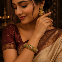 Filigree Kada Bracelet with Emerald & Ruby Stone Work for Women