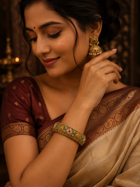 Filigree Kada Bracelet with Emerald & Ruby Stone Work for Women
