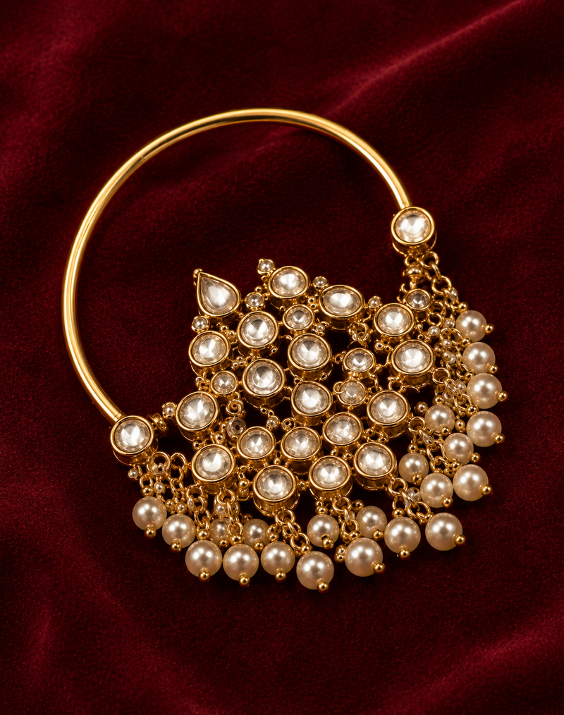 Traditional Bridal Nose Ring with Pearl Chain