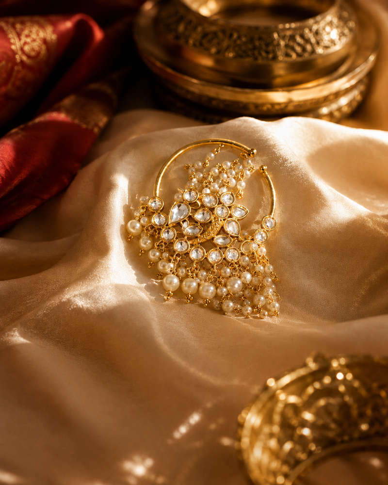 Traditional Bridal Nose Ring with Pearl Chain