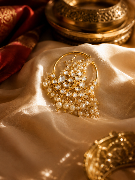 Traditional Bridal Nose Ring with Pearl Chain