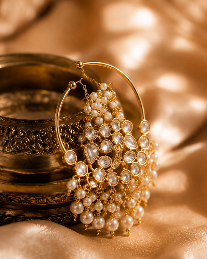 Traditional Bridal Nose Ring with Pearl Chain