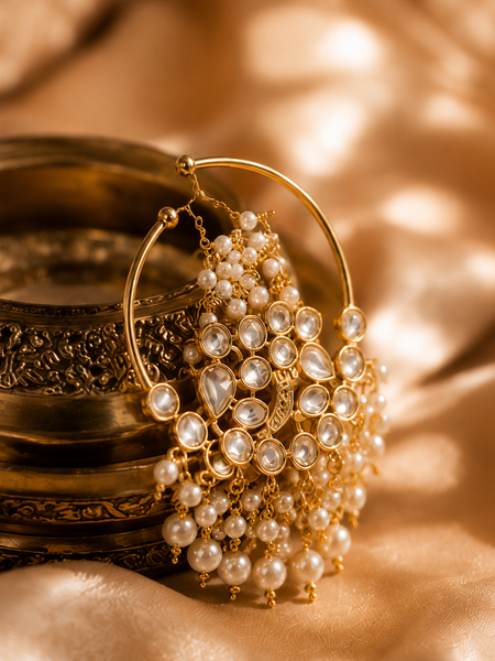 Traditional Bridal Nose Ring with Pearl Chain