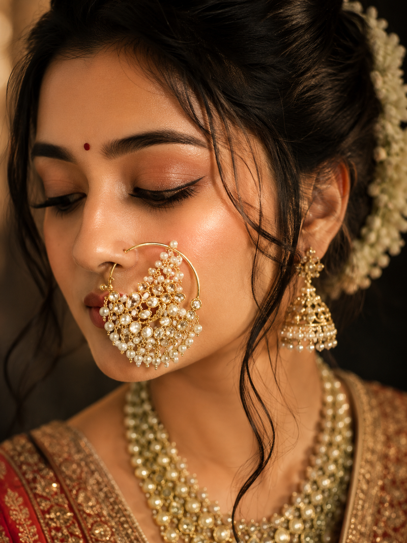 Traditional Bridal Nose Ring with Pearl Chain