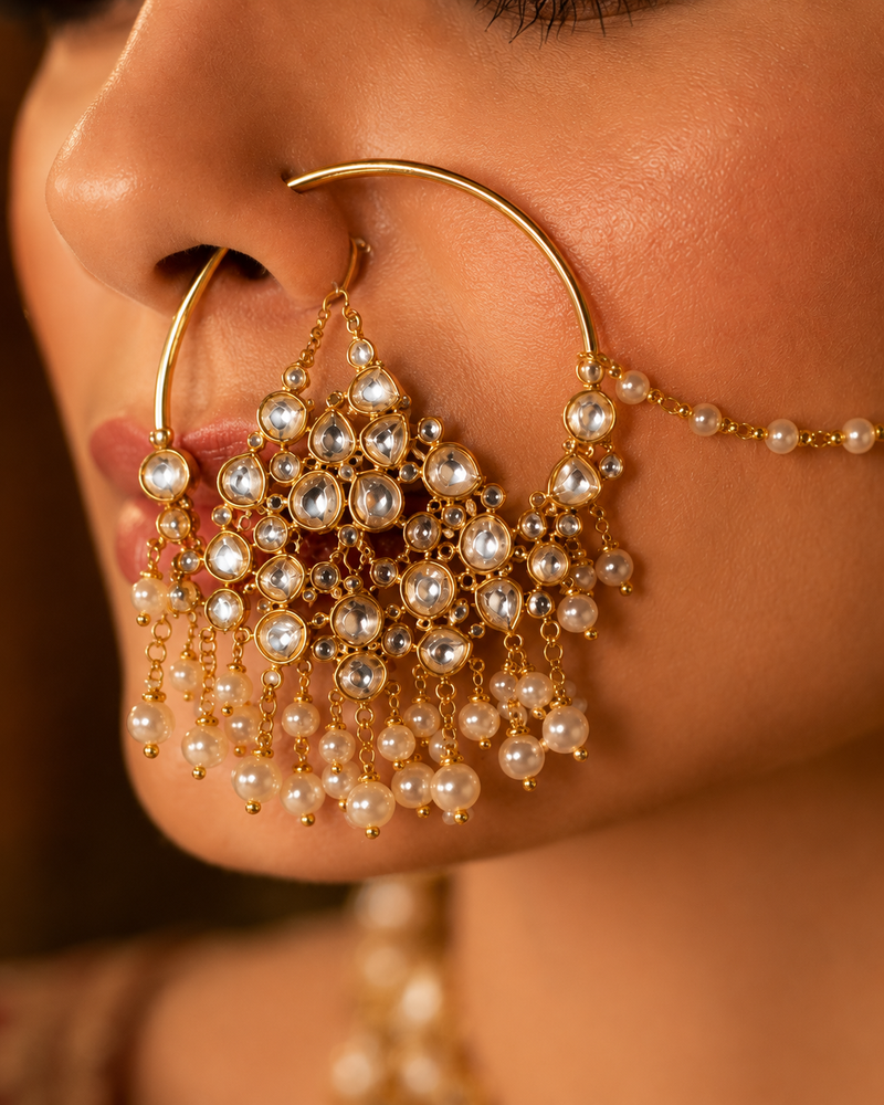 Traditional Bridal Nose Ring with Pearl Chain