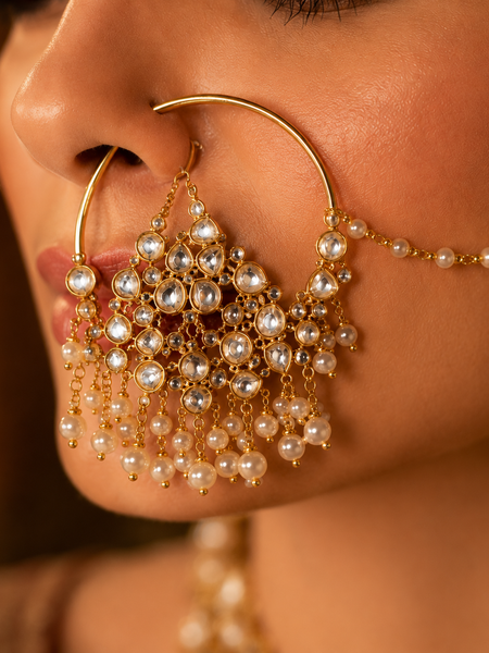 Traditional Bridal Nose Ring with Pearl Chain